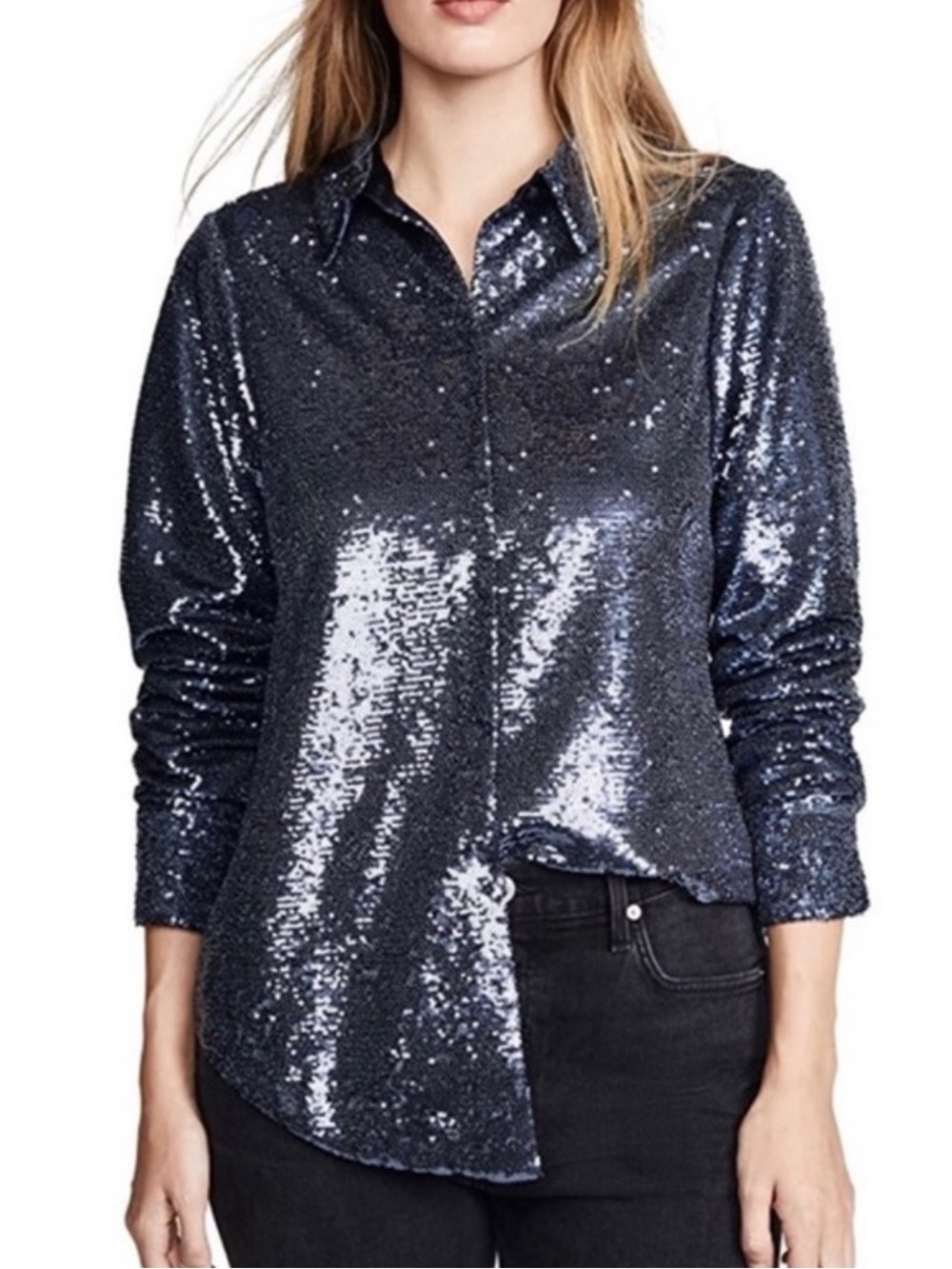 CINQ A SEPT BLUE SEQUIN BUTTON-DOWN TOP